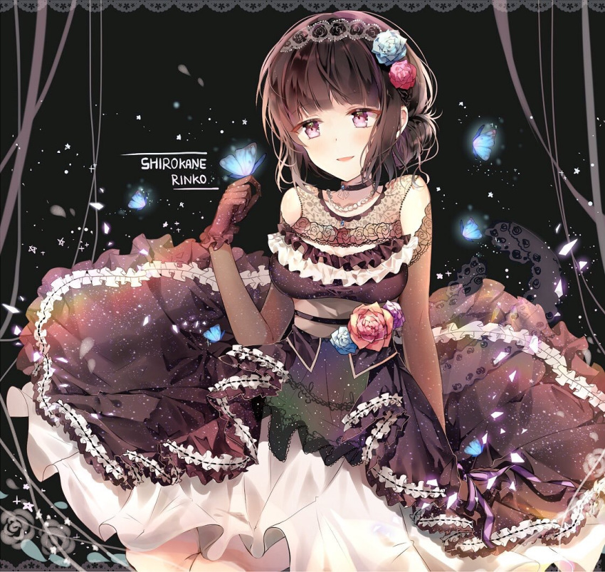 bang_dream! bangs black_background black_choker black_hair blue_flower blue_rose breasts bug butterfly butterfly_on_finger character_name choker dress elbow_gloves flower frilled_dress frilled_gloves frills gloves gothic_lolita hair_bun hair_flower hair_ornament hair_up hairband insect jewelry lace lace_border lolita_fashion lolita_hairband medium_breasts necklace overskirt parted_lips pink_flower pink_rose purple_eyes ribbon-trimmed_dress rose sash shirokane_rinko smile solo taya_5323203