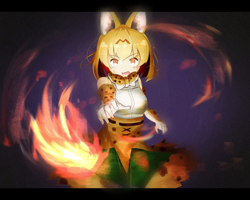animal_ears belt blonde_hair bow bowtie commentary elbow_gloves eyebrows_visible_through_hair fire foreshortening frame gloves high-waist_skirt highres kemono_friends looking_at_viewer multicolored multicolored_clothes multicolored_gloves multicolored_neckwear paper_airplane print_gloves print_skirt serval_(kemono_friends) serval_ears shirt skirt sleeveless sleeveless_shirt solo sweatdrop tamiku_(shisyamo609) throwing white_gloves white_neckwear yellow_gloves yellow_neckwear yellow_skirt