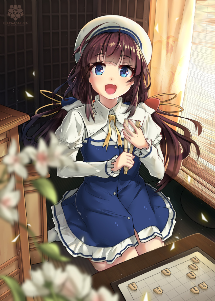 :d absurdres ahoge bangs beret blue_dress blue_eyes blurry blurry_foreground board_game brown_hair closed_fan commentary_request curtains depth_of_field dress eyebrows_visible_through_hair fan fang flower folding_fan hat highres hinatsuru_ai holding holding_fan indoors long_hair long_sleeves looking_at_viewer low_twintails oikawa_sakura open_mouth puffy_short_sleeves puffy_sleeves ryuuou_no_oshigoto! school_uniform short_over_long_sleeves short_sleeves shougi shougi_piece sitting smile socks solo twintails very_long_hair wariza white_flower white_hat white_legwear