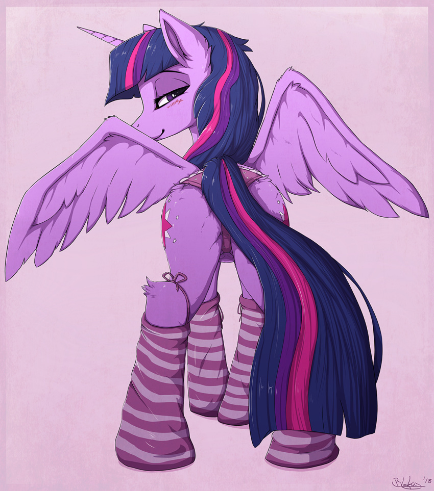 2018 blackfury blush clothing cutie_mark digital_media_(artwork) equine feathered_wings feathers female feral friendship_is_magic hair hi_res horn legwear looking_at_viewer looking_back mammal multicolored_hair multicolored_tail my_little_pony panties purple_eyes purple_feathers simple_background socks solo striped_legwear stripes twilight_sparkle_(mlp) underwear winged_unicorn wings