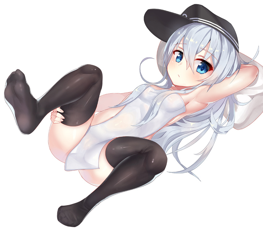 2drr anchor arm_up armpits bangs black_hat black_legwear blue_eyes blush breasts closed_mouth commentary_request covering eyebrows_visible_through_hair feet flat_cap full_body hair_between_eyes hat hibiki_(kantai_collection) kantai_collection long_hair looking_at_viewer lying medium_breasts no_shoes nude_cover on_back pillow silver_hair simple_background solo thighhighs towel white_background