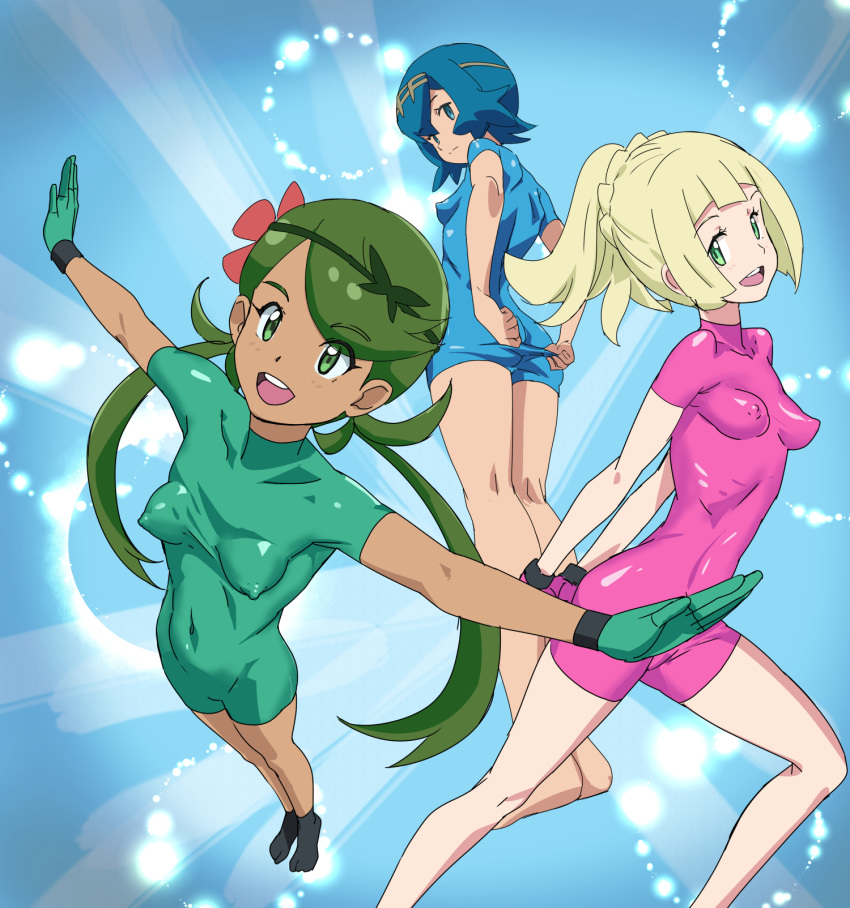 3girls adjusting_clothes arms_up ass barefoot black_legwear blonde_hair blue_background blue_bodysuit blue_eyes blue_hair bodysuit braid breasts collarbone covered_navel dark_skin erect_nipples female flower french_braid from_above from_behind full_body gloves green_bodysuit green_eyes green_gloves green_hair hair_flower hair_ornament hairband highres lillie_(pokemon) long_hair looking_at_viewer looking_back looking_down looking_up mao_(pokemon) matching_hair/eyes multiple_girls ontaros open_mouth outstretched_arms pink_bodysuit pink_flower pink_gloves pokemon pokemon_sm ponytail short_hair short_sleeves skin_tight small_breasts smile socks standing suiren_(pokemon) teeth tied_hair twintails yellow_hairband