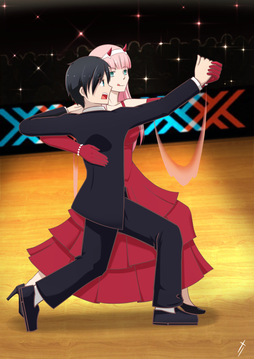 1girl absurdres bangs black_footwear black_hair black_pants blue_eyes breasts chinese_commentary commentary_request couple dancing darling_in_the_franxx dress elbow_gloves eyebrows_visible_through_hair formal gloves green_eyes hair_ornament hairband hand_on_another's_back hand_on_another's_shoulder hetero high_heels highres hiro_(darling_in_the_franxx) holding_hand horns large_breasts likeye lipstick long_hair makeup no_socks oni_horns pant_suit pants pink_hair red_dress red_gloves red_horns shoes sleeveless sleeveless_dress suit tango white_hairband zero_two_(darling_in_the_franxx)