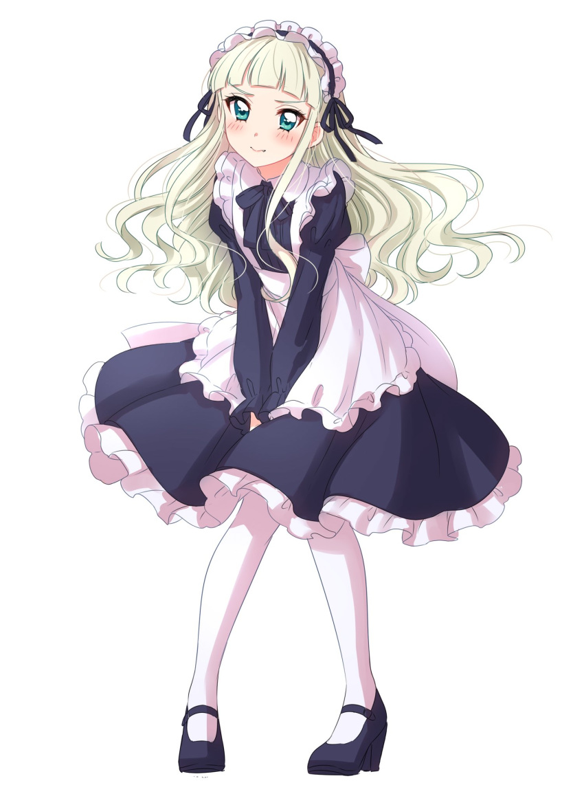 aikatsu! aikatsu!_(series) alternate_costume apron black_ribbon blonde_hair blue_neckwear blush bow bowtie closed_mouth covering covering_crotch dress embarrassed enmaided fang fang_out floating_hair frilled_dress frills full_body green_eyes hair_ribbon high_heels highres long_hair looking_at_viewer maid maid_apron maid_headdress mary_janes pantyhose pigeon-toed purple_dress purple_footwear ribbon sekina shoes simple_background solo standing toudou_yurika v-shaped_eyebrows white_background white_legwear wind wind_lift
