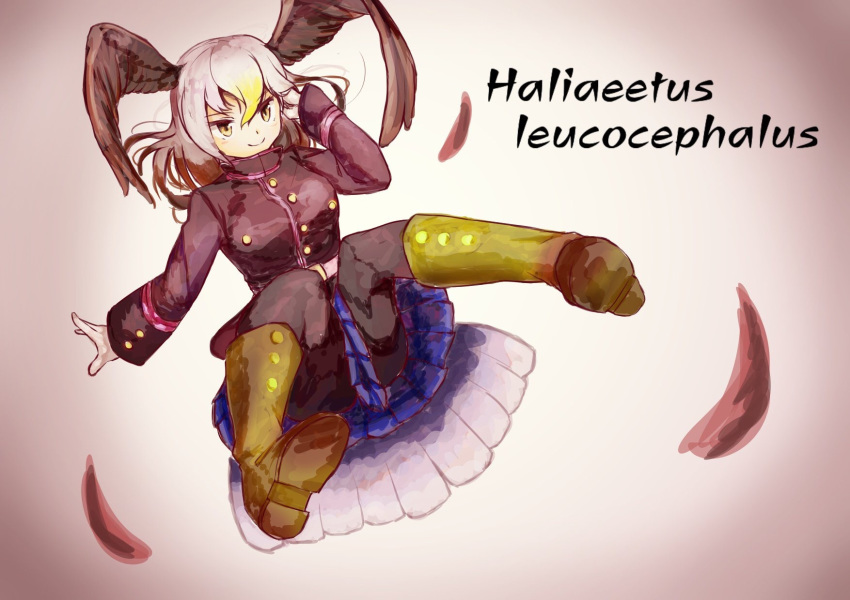 bald_eagle_(kemono_friends) black_jacket black_legwear blonde_hair blue_skirt boots buttons commentary feathers full_body gloves hair_between_eyes hand_on_own_head head_wings highres jacket kemono_friends long_hair long_sleeves multicolored_hair pantyhose pleated_skirt scientific_name skirt smile solo tamiku_(shisyamo609) white_gloves white_hair yellow_eyes yellow_footwear