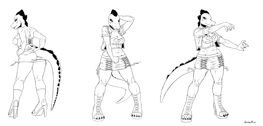 anthro bea_(nitw) boots breasts claws clothed clothing corset dancing dress female footwear fully_clothed greasymojo_(artist) hands_on_hip high_heels lingerie midriff monochrome muscular navel night_in_the_woods scalie sharp_teeth shoes short_dress solo teeth thick_thighs wide_hips