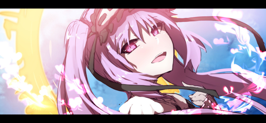 :d absurdres bangs blush commentary_request eyebrows_visible_through_hair fate/grand_order fate/hollow_ataraxia fate_(series) frilled_hairband frills hair_between_eyes hairband head_tilt highres index_finger_raised long_hair looking_at_viewer open_mouth protected_link purple_eyes purple_hair ribbon-trimmed_hairband ribbon_trim smile solo stheno twintails upper_teeth wada_kazu white_hairband