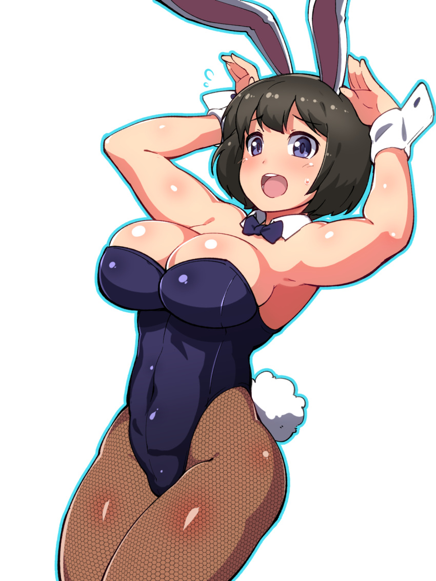:d animal_ears arms_up bare_shoulders blue_leotard blue_neckwear blue_outline blush body_blush bow bowtie breasts brown_hair brown_legwear bunny_ears bunny_girl bunny_pose bunny_tail bunnysuit cleavage commentary_request covered_navel cowboy_shot detached_collar fishnet_legwear fishnet_pantyhose fishnets flying_sweatdrops fukurou_(owl222) hands_up highres large_breasts legs_together leotard looking_at_viewer major major_2nd open_mouth outline pantyhose shimizu_kaoru short_hair simple_background smile solo standing sweatdrop tail upper_teeth white_background wing_collar wrist_cuffs