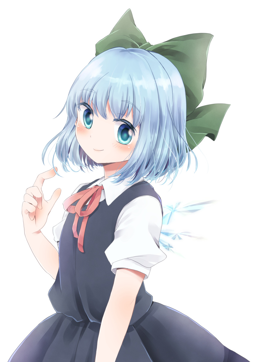 arm_at_side arm_up bangs blue_eyes blue_hair blue_skirt blue_vest blush bow cirno eyebrows_visible_through_hair from_side green_bow hair_between_eyes hair_bow head_tilt highres kuromame_(8gou) looking_at_viewer puffy_short_sleeves puffy_sleeves red_ribbon ribbon shirt short_hair short_sleeves simple_background skirt smile solo thick_eyebrows touhou upper_body vest white_background white_shirt wing_collar wings