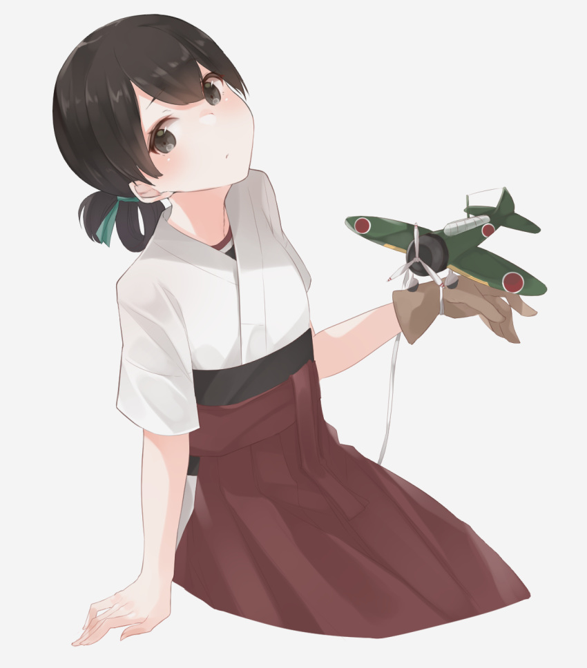 a5m aircraft airplane bangs black_hair blue_ribbon brown_eyes dual_persona folded_ponytail gloves hair_ribbon hakama hakama_skirt head_tilt highres inorin05kanae japanese_clothes kantai_collection kasuga_maru_(kantai_collection) long_hair looking_at_viewer red_hakama ribbon short_sleeves simple_background single_glove sitting solo swept_bangs white_background