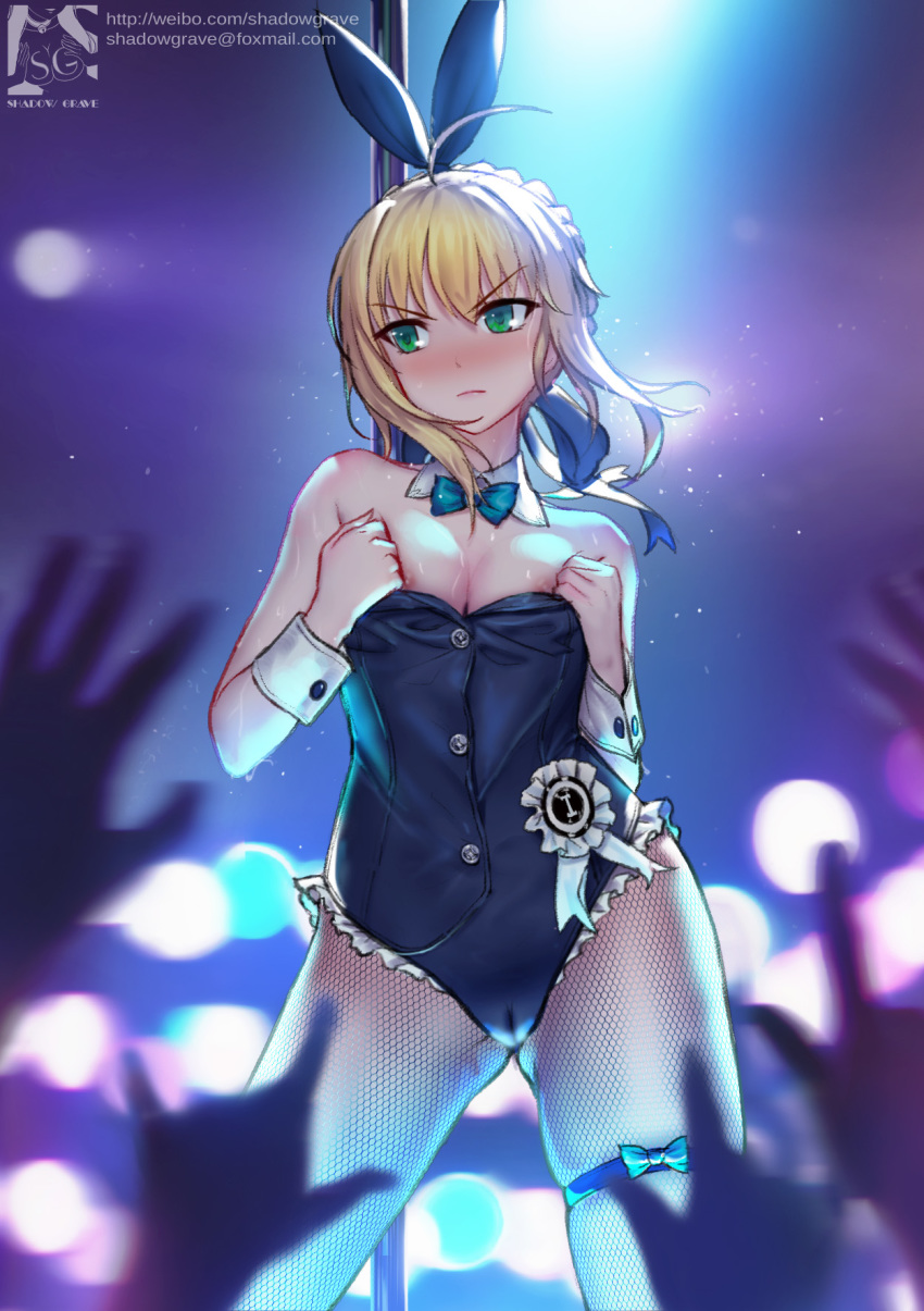 &gt;:( \n/ ahoge angry animal_ears arms_up artist_logo artoria_pendragon_(all) ass_visible_through_thighs award_ribbon bare_arms bare_shoulders black_legwear black_leotard blonde_hair blue_bow blue_neckwear blue_ribbon blurry_foreground blush bow bowtie braid breasts bunny_ears bunny_girl bunnysuit buttons cameltoe cleavage closed_mouth commentary_request contrapposto cowboy_shot detached_collar embarrassed eyebrows_visible_through_hair fate/grand_order fate/stay_night fate_(series) fishnet_pantyhose fishnets floating_hair french_braid frilled frilled_leotard frills glint green_eyes hair_ribbon head_tilt highleg highleg_leotard highres leotard leotard_pull light light_particles long_hair looking_to_the_side medium_breasts nipple_slip nipples pantyhose pole pole_dancing pulled_by_self ribbon saber shadowgrave shiny shiny_skin sidelocks skin_tight skindentation solo spotlight standing strapless strapless_leotard stripper_pole sweat thigh_strap tsurime weibo_logo wrist_cuffs