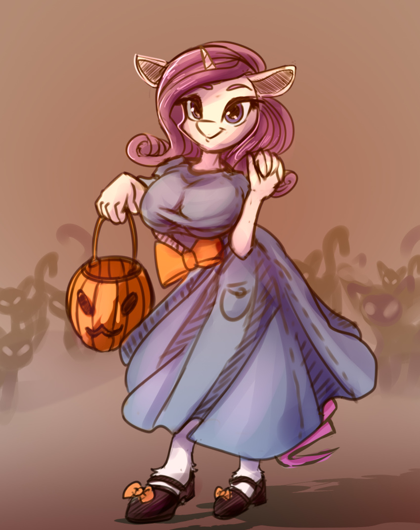 anthro big_breasts breasts clothing crowd dress equine female food friendship_is_magic fruit group halloween holidays horn horse huge_breasts mammal my_little_pony pony pumpkin rarity_(mlp) silhouette smile solo_focus unicorn woofmaple