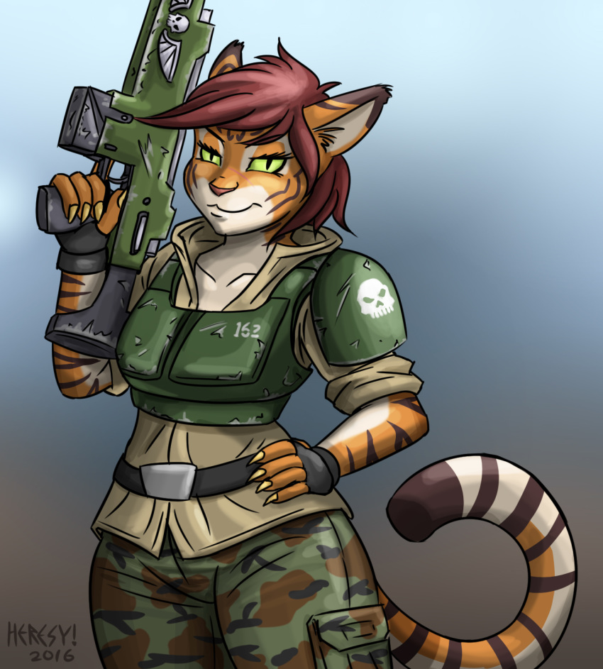 2016 5_fingers anthro armor assault_rifle brown_hair eyelashes faith_(heresy) feline felinid female green_eyes gun hair hand_on_hip heresy_(artist) hi_res humanoid hybrid imperial_guard mammal ranged_weapon rifle scar slit_pupils smile smirk solo standing tiger trigger_discipline warhammer_(franchise) warhammer_40000 weapon