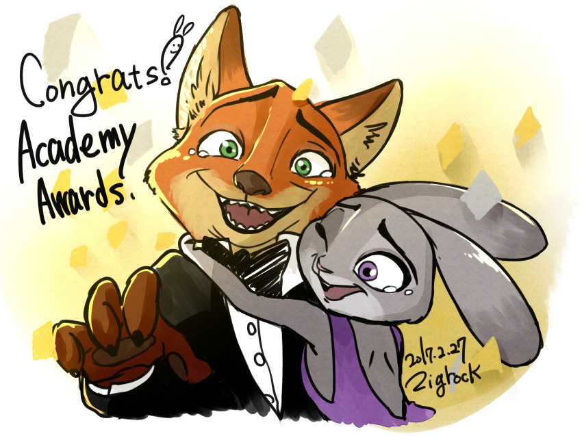 2017 4:3 anthro bare_back bow_tie buckteeth bust_portrait canine claws clothing crying disney dress duo english_text female fox fur green_eyes grey_fur happy hug inner_ear_fluff judy_hopps lagomorph long_ears looking_at_viewer male mammal nick_wilde one_eye_closed open_mouth open_smile orange_fur pawpads portrait purple_eyes rabbit size_difference smile tears teeth text tuxedo zigrock001 zootopia