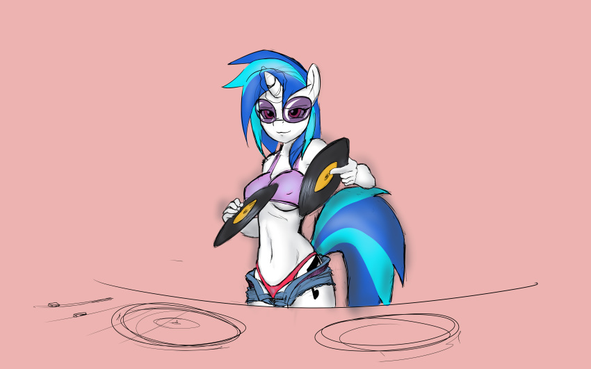 16:10 2013 anthro anthrofied blue_hair breasts clothing cutie_mark equine eyewear female friendship_is_magic glasses hair horn looking_at_viewer mammal my_little_pony navel panties record red_eyes shirt shorts solo standing sunglasses swissleos thong underwear unicorn vinyl vinyl_scratch_(mlp)