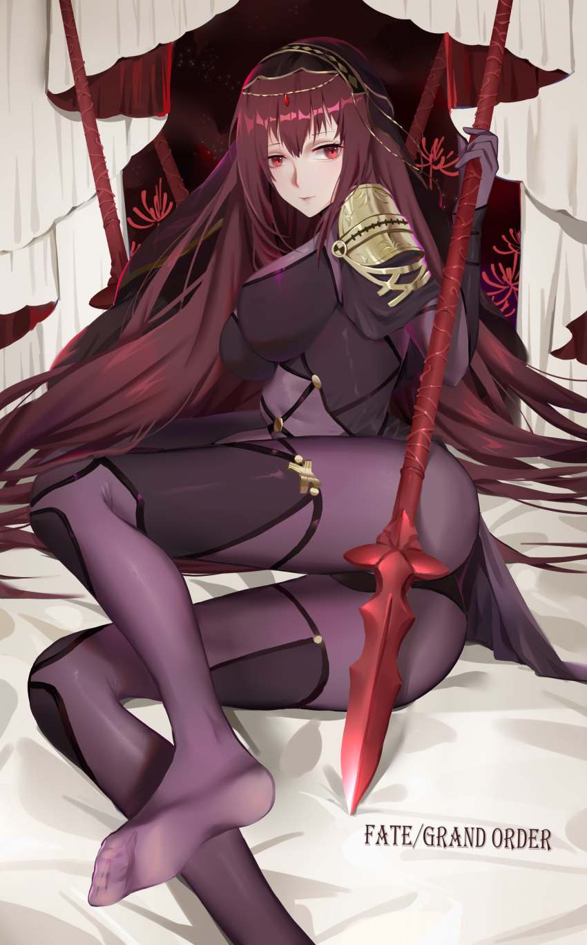 absurdres bodysuit breasts copyright_name fate/grand_order fate_(series) gae_bolg highres holding holding_weapon large_breasts long_hair lying no_shoes on_side polearm purple_bodysuit purple_hair red_eyes scathach_(fate)_(all) scathach_(fate/grand_order) solo spear very_long_hair weapon xtears_kitsune