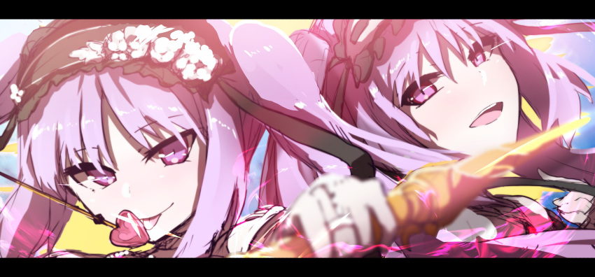 :d :p absurdres arrow bangs black_hairband blurry blurry_foreground blush bow_(weapon) bridal_gauntlets closed_mouth depth_of_field euryale eyebrows_visible_through_hair fate/grand_order fate/hollow_ataraxia fate_(series) flower frilled_hairband frills hair_between_eyes hairband head_tilt heart heart_arrow highres holding holding_arrow holding_bow_(weapon) holding_weapon index_finger_raised jewelry letterboxed long_hair looking_at_viewer multiple_girls open_mouth parted_bangs pink_eyes protected_link purple_eyes purple_hair ribbon-trimmed_hairband ribbon_trim rose sketch smile stheno tongue tongue_out twintails upper_teeth wada_kazu weapon white_flower white_hairband white_rose