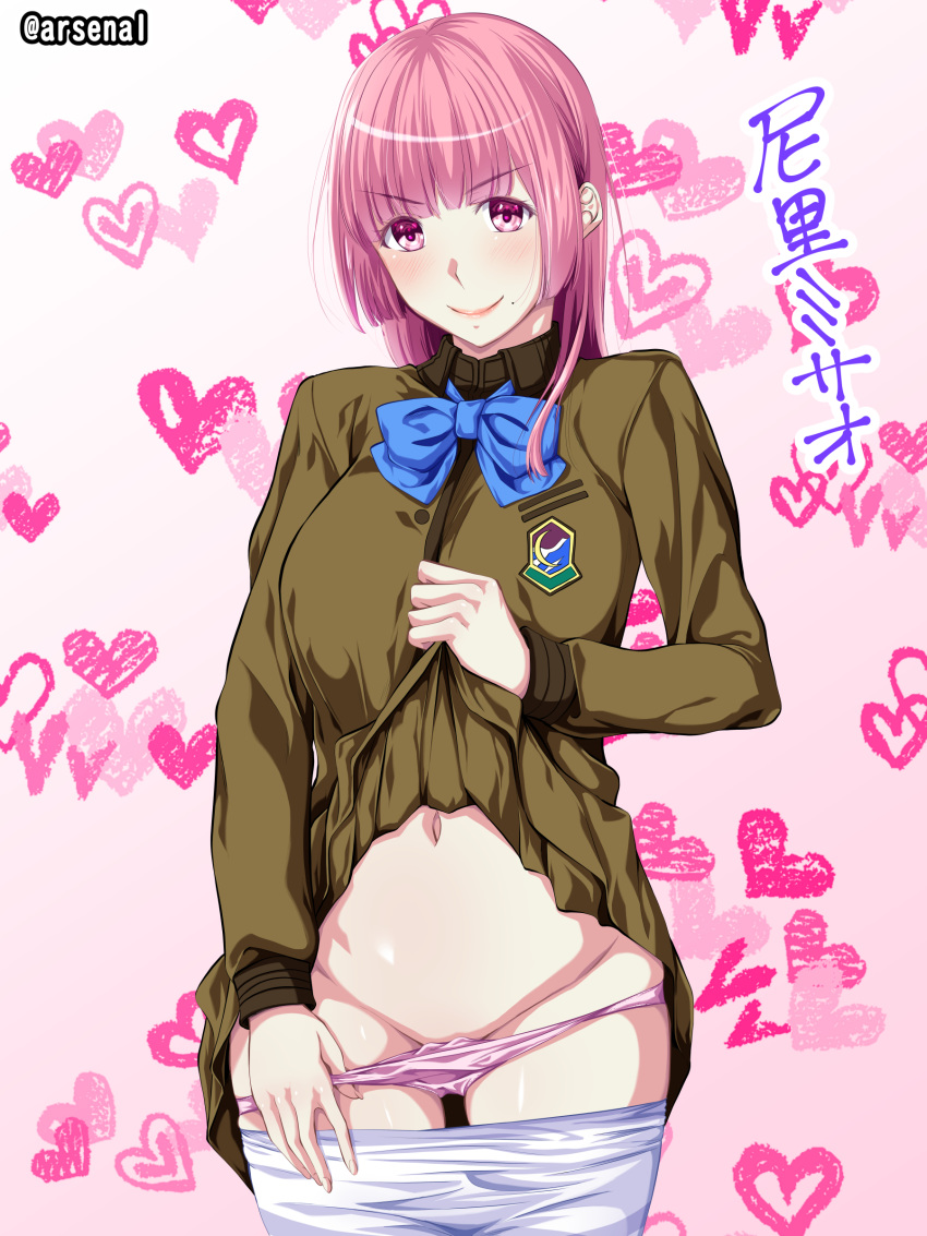 &gt;:) absurdres amari_misao arsenal artist_name blazer blue_bow bow brown_jacket brown_skirt cowboy_shot eyebrows_visible_through_hair fate/extra fate_(series) heart heart_background highres hime_cut jacket lifted_by_self long_hair long_sleeves looking_at_viewer mole mole_under_mouth navel panties panty_pull pantyhose pantyhose_pull pink_background pink_eyes pink_hair pink_lips pink_panties pleated_skirt school_uniform skirt skirt_lift solo stomach straight_hair underwear white_legwear