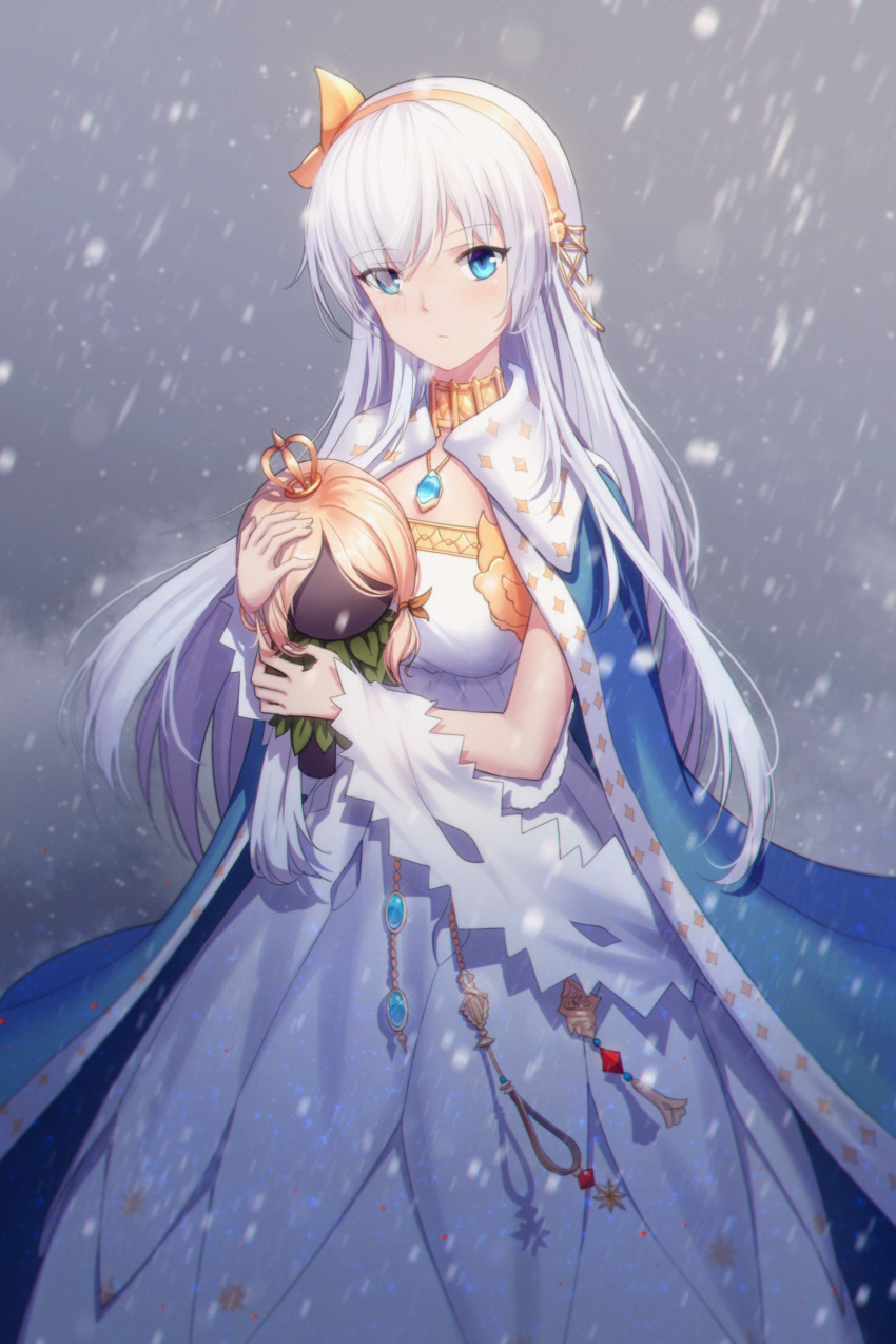 absurdres anastasia_(fate/grand_order) blue_eyes cha_(pixiv12794171) crown dress eyebrows_visible_through_hair fate/grand_order fate_(series) grey_hair hair_between_eyes hair_ornament hair_over_one_eye hairband highres jewelry leaf_hair_ornament long_hair mini_crown necklace object_hug royal_robe snowing solo very_long_hair white_dress