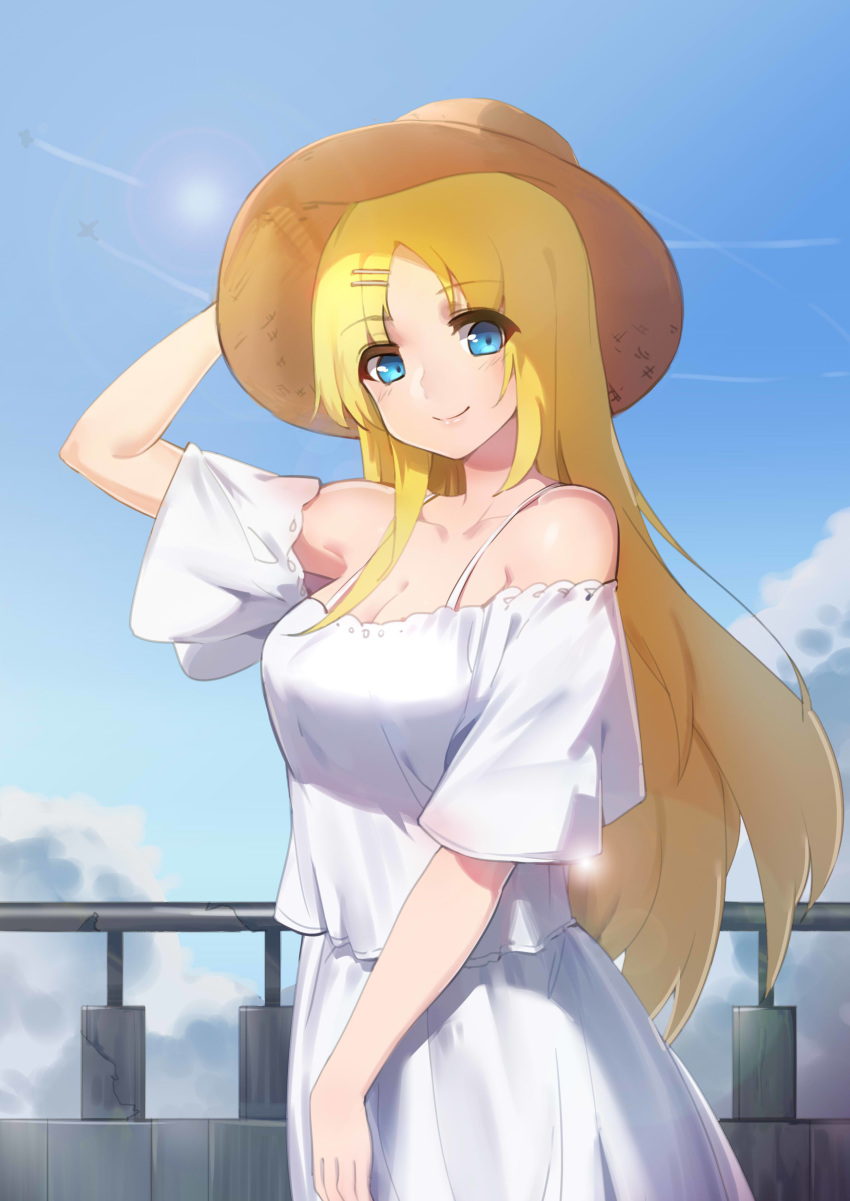 absurdres aircraft airplane bare_shoulders blonde_hair blue_eyes breasts cleavage condensation_trail day hair_ornament hairclip hand_on_headwear hat highres large_breasts lens_flare long_hair looking_at_viewer off-shoulder_shirt outdoors railing saratoga_(zhan_jian_shao_nyu) shirt skirt sky smile solo straw_hat sun_hat very_long_hair white_shirt white_skirt ze_(wzfnn001) zhan_jian_shao_nyu