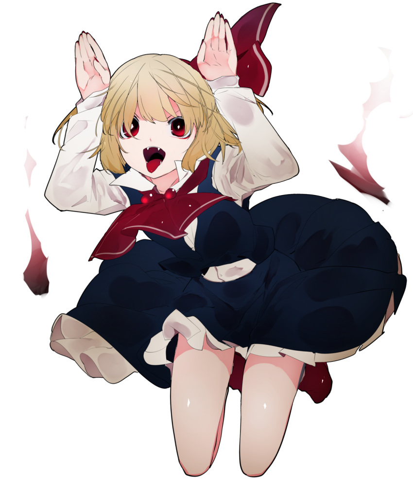 black_skirt black_vest blonde_hair collared_shirt commentary_request fangs frilled_skirt frills full_body highres ikurauni jumping long_sleeves open_mouth red_eyes red_footwear red_neckwear rumia shirt short_hair skirt skirt_set solo touhou vest white_background white_shirt
