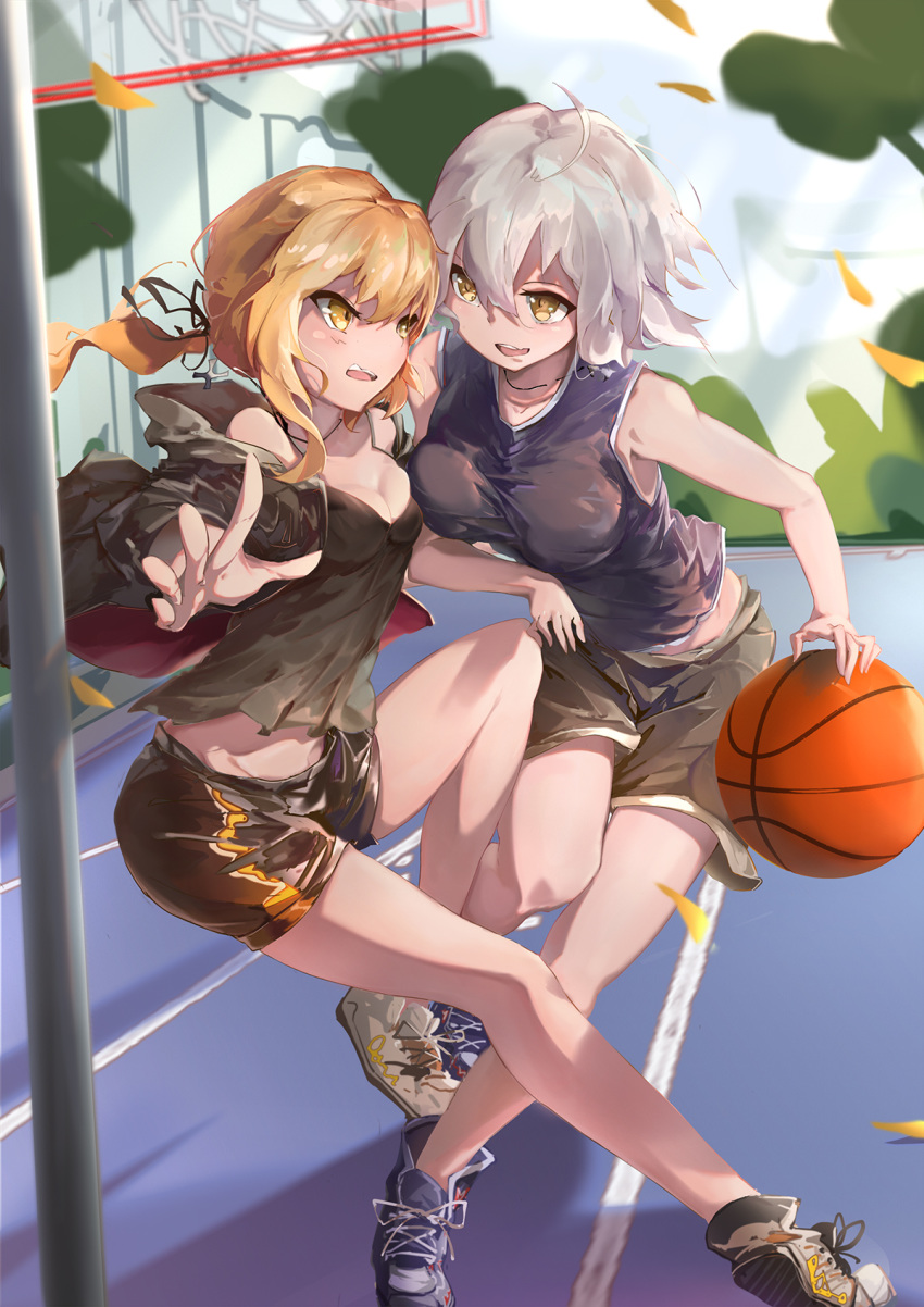 ahoge alternate_costume artoria_pendragon_(all) ball bare_shoulders basketball bike_shorts black_jacket blonde_hair breasts commentary_request eyebrows_visible_through_hair fate/grand_order fate/stay_night fate_(series) hair_ribbon highres jacket jeanne_d'arc_(alter)_(fate) jeanne_d'arc_(fate)_(all) long_hair looking_at_another medium_breasts multiple_girls open_mouth outdoors renze_l ribbon saber_alter shoes short_hair silver_hair sleeveless sneakers sportswear yellow_eyes
