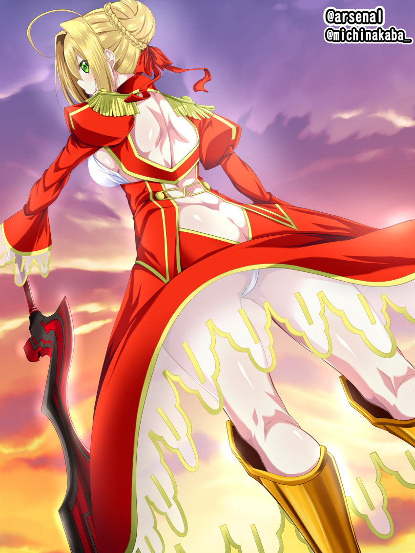 absurdres aestus_estus ahoge armored_boots arsenal artist_name ass back back_cutout blonde_hair boots braid breasts cloud dress epaulettes evening eyebrows_visible_through_hair fate/extra fate/grand_order fate_(series) french_braid from_behind from_below green_eyes hair_between_eyes hair_bun hair_intakes hair_ribbon highres juliet_sleeves kneepits large_breasts leotard long_sleeves looking_at_viewer looking_back nero_claudius_(fate) nero_claudius_(fate)_(all) puffy_long_sleeves puffy_sleeves red_dress red_ribbon ribbon see-through sideboob sky smile solo sword thong weapon white_leotard wind wind_lift