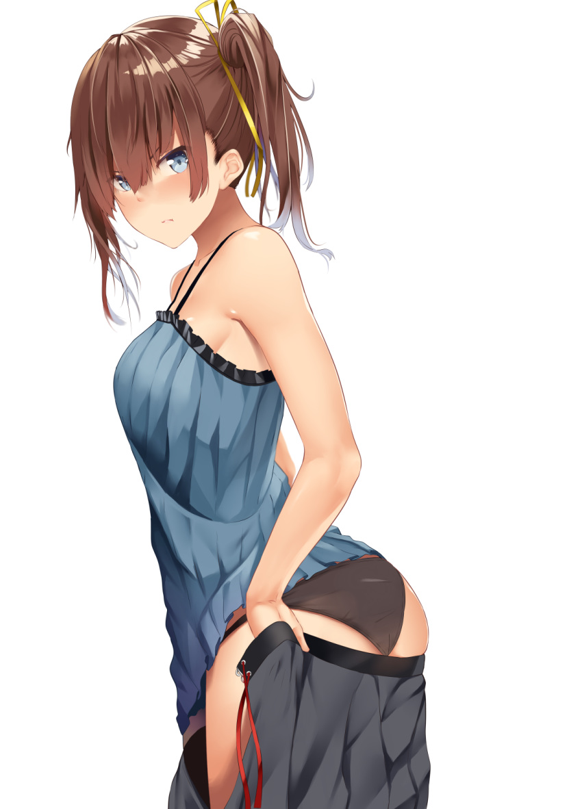ass bangs bare_shoulders black_panties blue_eyes blue_shirt blush brown_hair camisole eyebrows_visible_through_hair from_side frown hair_ribbon highres looking_at_viewer looking_back medium_hair mengo original panties ribbon shirt simple_background skirt skirt_pull solo spaghetti_strap twintails underwear undressing white_background yellow_ribbon
