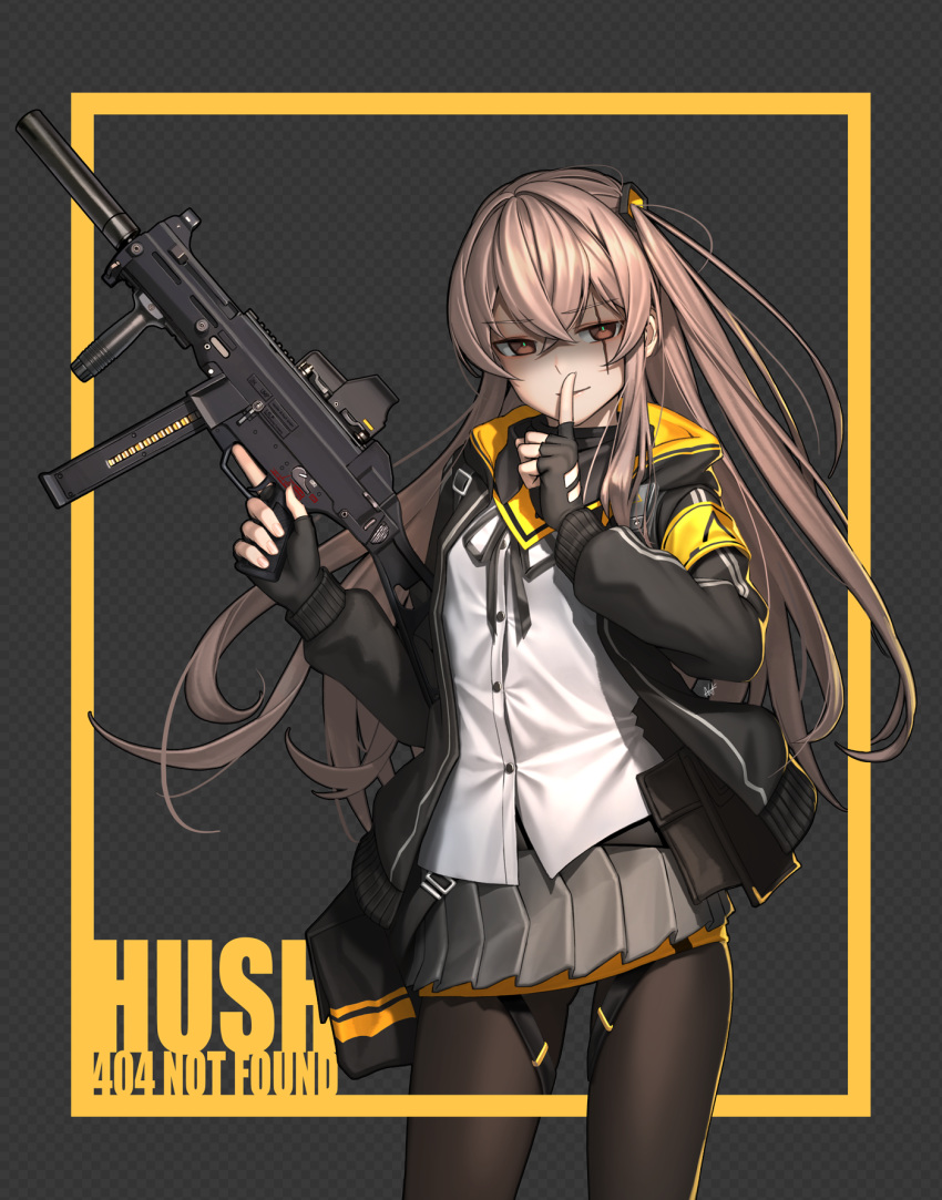 ahd armband bangs black_gloves brown_eyes brown_hair eyebrows_visible_through_hair finger_to_mouth fingerless_gloves girls_frontline gloves gun h&amp;k_ump h&amp;k_ump45 hair_between_eyes hair_ornament half-closed_eyes heckler_&amp;_koch highres holding holding_gun holding_weapon hood hood_down hooded_jacket index_finger_raised jacket long_hair looking_at_viewer one_side_up pantyhose parted_lips pleated_skirt pouch scar scar_across_eye shaded_face shirt shushing sidelocks signature skirt smile solo submachine_gun thigh_strap trigger_discipline ump45_(girls_frontline) weapon white_shirt yellow_eyes