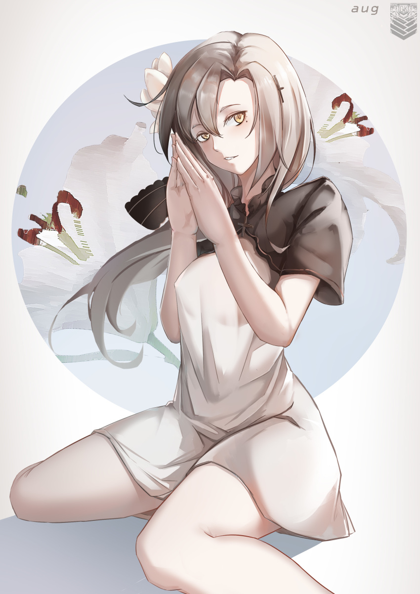 absurdres alternate_costume bangs breasts character_name commentary_request covered_nipples dress flower girls_frontline hair_between_eyes hair_flower hair_ornament hair_ribbon hands_together head_tilt highres long_hair looking_at_viewer mole mole_under_eye parted_lips pixiv_id_12457925 ribbon sidelocks sitting smile steyr_aug_(girls_frontline) thighs wariza yellow_eyes