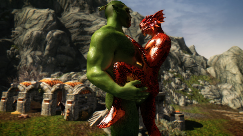 16:9 3d_(artwork) anthro argonian biceps body_hair day digital_media_(artwork) eye_contact green_skin hair hand_on_butt hand_on_chest humanoid larger_male lizard male male/male mmoboys_(artist) muscular one_leg_up orc outside penis red_scales reptile scales scalie sex size_difference sky skyrim smaller_male standing sweat the_elder_scrolls tusks video_games