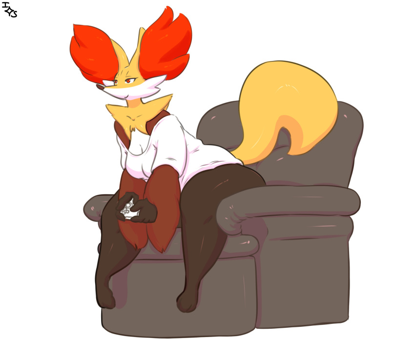 anthro breasts canine chair cleavage clothed clothing controller delphox female game_controller immortalstar inner_ear_fluff mammal nintendo orange_eyes pok&eacute;mon pok&eacute;mon_(species) pok&eacute;morph shirt simple_background smile solo video_games white_background wide_hips