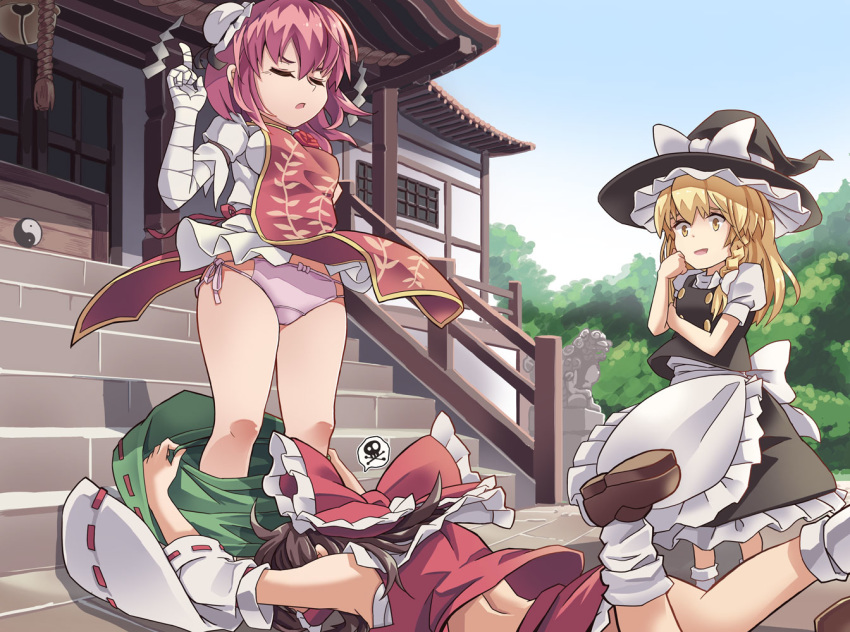 apron assisted_exposure bandaged_arm bandages bare_arms bare_shoulders blonde_hair bow bow_panties box braid brown_footwear brown_hair bun_cover buttons chinese_clothes closed_mouth commentary day detached_sleeves donation_box fallen_down flower hair_bow hair_tubes hakurei_reimu hand_on_own_cheek hand_up hat hat_bow houshiruri ibaraki_kasen index_finger_raised kirisame_marisa long_hair looking_at_another multi-strapped_panties multiple_girls outdoors panties pantsing pink_hair pink_panties puffy_short_sleeves puffy_sleeves red_bow red_flower red_rose ribbon-trimmed_sleeves ribbon_trim rose scolding shoes short_hair short_sleeves shrine side-tie_bottom side-tie_panties side_braid single_braid skirt skirt_pull skirt_set smile socks spoken_skull_and_crossbones stairs standing tabard touhou underwear vest waist_apron white_bow white_legwear wide_sleeves witch_hat yellow_eyes