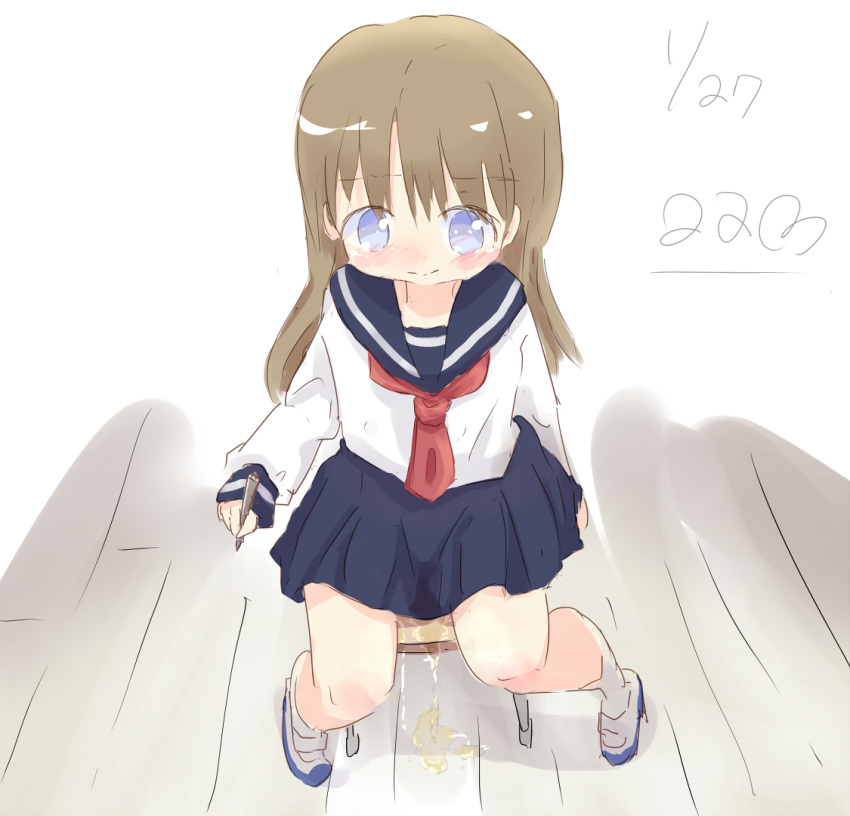 1girl 22m artist_name bangs blue_collar blue_eyes blue_footwear blue_skirt blush brown_hair chair character_request closed_mouth dated embarrassed eyebrows_visible_through_hair female from_above full_body holding indoors kneehighs long_hair long_sleeves neckerchief peeing peeing_self pen pleated_skirt red_neckwear sailor_collar school_uniform serafuku shiny_hair shirt shoes signature sitting skirt solo uniform wet_clothes white-shirt white_legwear