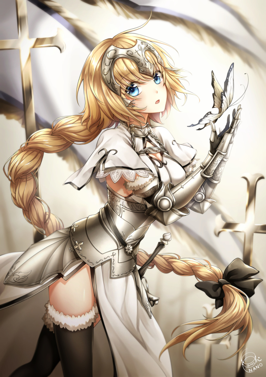 armor armored_dress bambi_nano bangs black_bow black_legwear blonde_hair blue_eyes bow braid breasts bug butterfly capelet cleavage dress eyebrows_visible_through_hair fate/apocrypha fate_(series) floating_hair fur_trim gauntlets hair_between_eyes hair_bow highres insect jeanne_d'arc_(fate) jeanne_d'arc_(fate)_(all) long_hair looking_at_viewer medium_breasts open_mouth ponytail sideboob single_braid solo standing sword thighhighs very_long_hair weapon white_capelet white_dress