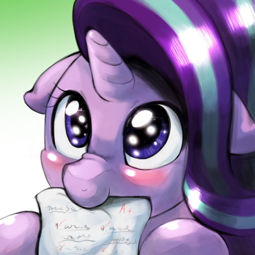 2018 blush bust_portrait cute english_text equine eyelashes female feral floppy_ears friendship_is_magic gradient_background green_background hair hi_res hooves horn mammal mouth_hold multicolored_hair my_little_pony nom paper ponimu portrait purple_eyes purple_hair simple_background smile solo starlight_glimmer_(mlp) text two_tone_hair unicorn