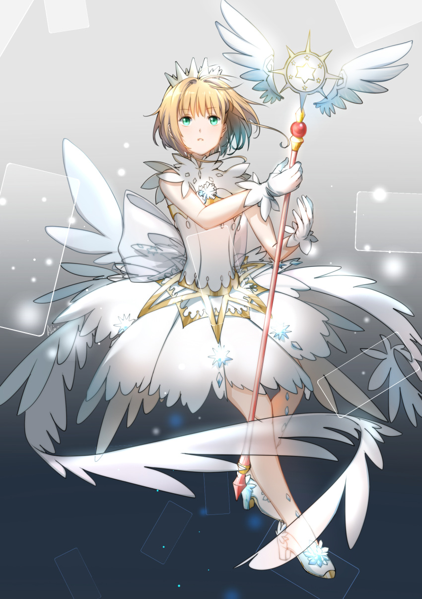 absurdres alisius aqua_eyes bangs blonde_hair blunt_bangs cardcaptor_sakura clear_card dress eyebrows_visible_through_hair full_body gloves hair_between_eyes high_heels highres holding holding_staff kinomoto_sakura looking_up magical_girl parted_lips pumps short_hair sleeveless sleeveless_dress solo staff white_dress white_footwear white_gloves yume_no_tsue