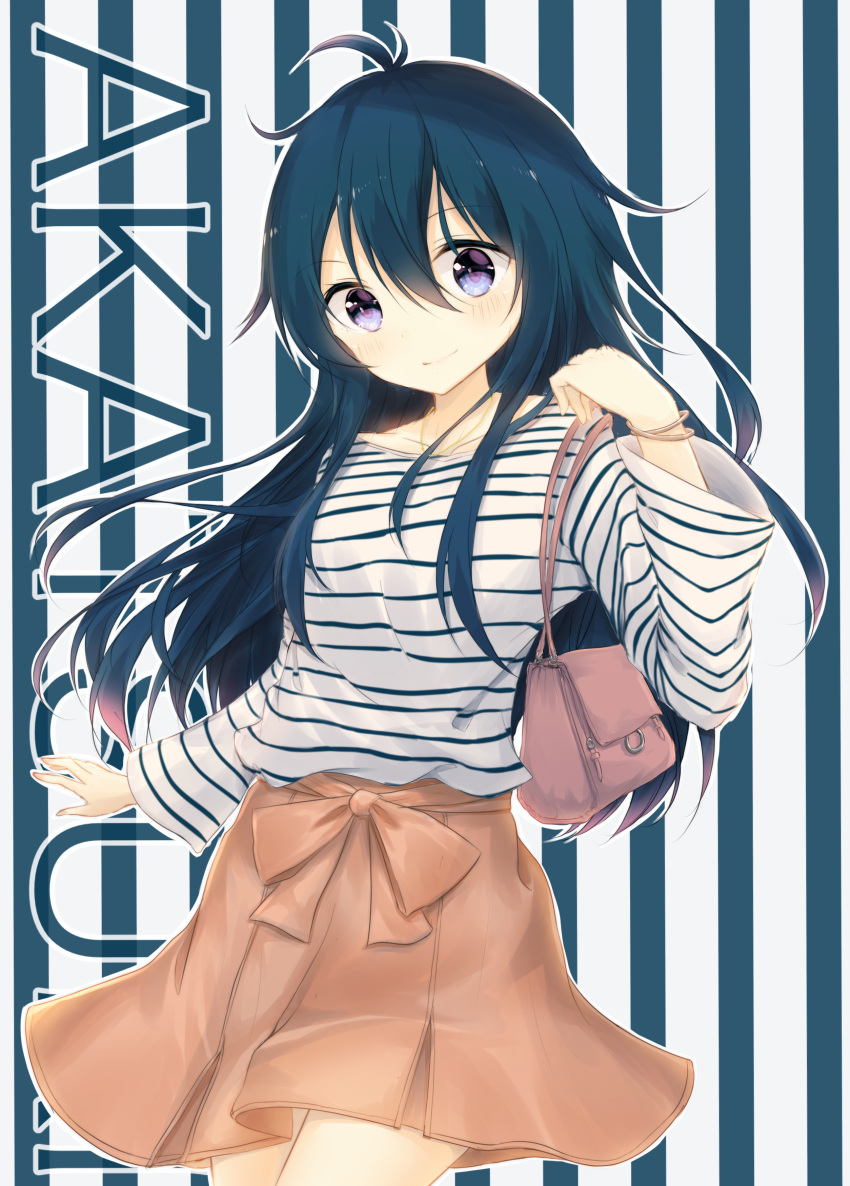 absurdres akatsuki_(kantai_collection) alternate_costume bag bangle bangs blue_hair blush bow bracelet breasts brown_bow brown_skirt casual character_name closed_mouth collarbone commentary_request cowboy_shot eyebrows_visible_through_hair hair_between_eyes hand_up handbag head_tilt highres jewelry kantai_collection long_hair long_sleeves necklace orange_skirt pleated_skirt purple_eyes shirt shoulder_bag sidelocks skirt small_breasts smile solo striped striped_background striped_shirt uzuki_tsukuyo vertical-striped_background vertical_stripes white_shirt wide_sleeves