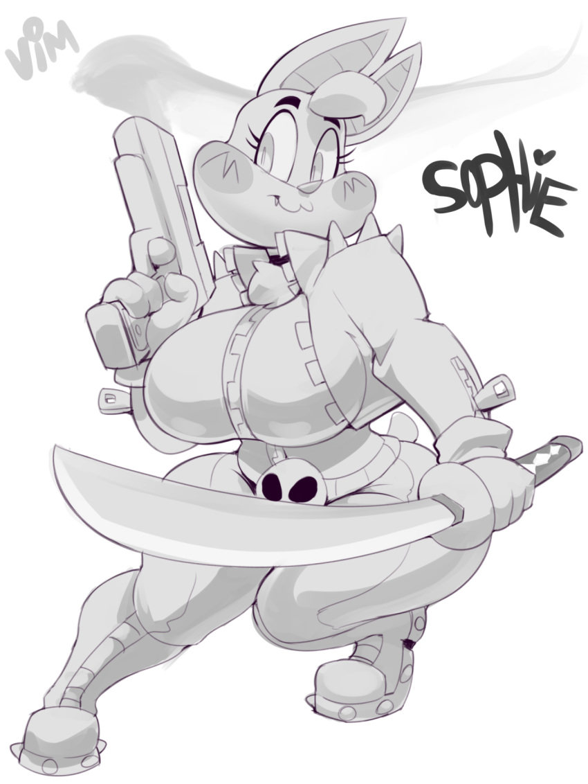 anthro bat big_breasts breasts clothed clothing dual_wielding female greyscale gun handgun hi_res holding_object holding_weapon katana mammal melee_weapon monochrome ranged_weapon simple_background solo sophie_slam sword thick_thighs vimhomeless voluptuous weapon white_background wide_hips