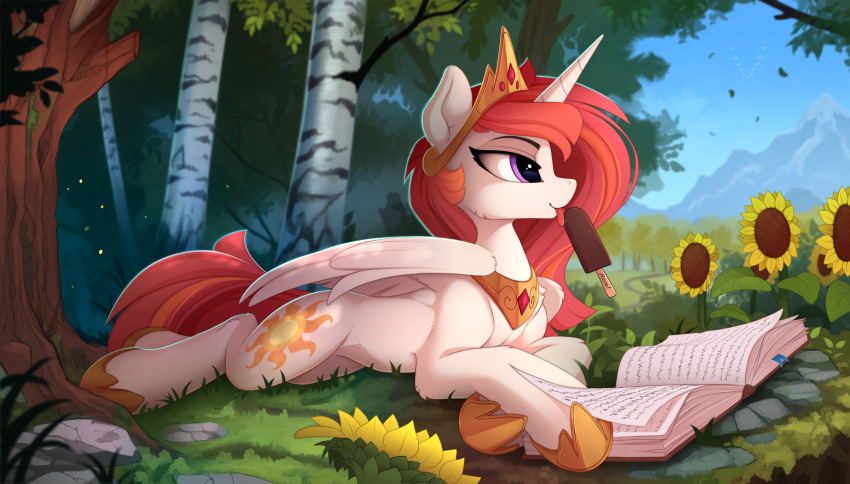 2018 book cutie_mark dessert digital_media_(artwork) equine feathered_wings feathers female feral flower food forest friendship_is_magic hair hi_res horn ice_cream licking long_hair mammal mountain my_little_pony outside plant princess_celestia_(mlp) sky solo sunflower tongue tongue_out tree white_feathers winged_unicorn wings yakovlev-vad
