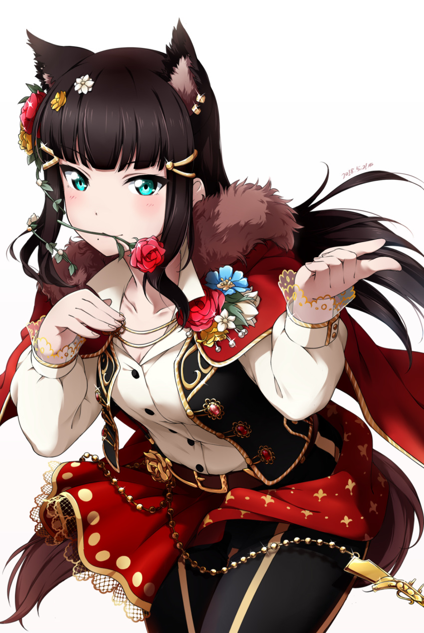 animal_ears aqua_eyes artist_name bangs belt black_hair black_pants blue_flower boutonniere brooch cape commentary dated earrings extra_ears flower flower_in_mouth fur-trimmed_cape fur_trim gold_trim hair_flower hair_ornament hair_vines hairclip highres jewelry kemonomimi_mode kurosawa_dia long_hair long_sleeves love_live! love_live!_school_idol_festival love_live!_sunshine!! mole mole_under_mouth mouth_hold pants pointing red_cape red_flower red_rose rose see-through_sleeves shiimai solo tail vest white_flower wolf_ears wolf_tail yellow_flower