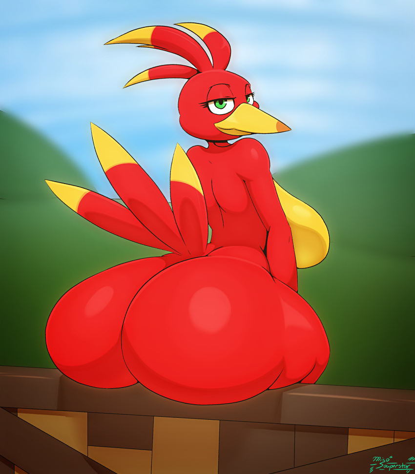 2018 absurd_res anthro avian banjo-kazooie beak big_breasts big_butt bird breasts breegull butt digital_drawing_(artwork) digital_media_(artwork) eyelashes feathers female green_eyes half-closed_eyes hi_res huge_breasts huge_butt kazooie looking_at_viewer looking_back miso_souperstar non-mammal_breasts nude presenting rareware rear_view side_boob signature sitting smile solo thick_thighs video_games voluptuous wide_hips yellow_beak