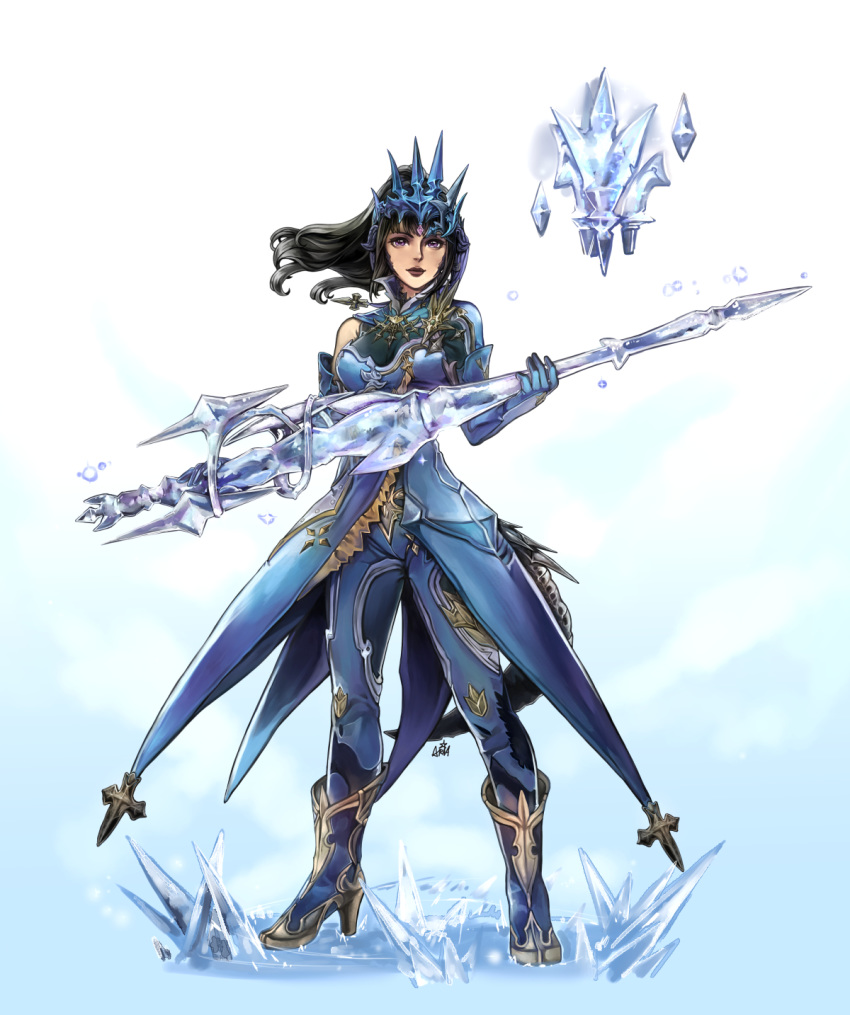 anoushka_russel black_hair black_lips blue_background blue_dress blue_footwear blue_gloves blue_pants bracer breasts commentary commission dress elbow_gloves final_fantasy final_fantasy_xiv full_body gloves headpiece highres holding holding_sword holding_weapon ice looking_at_viewer medium_breasts pants purple_eyes signature simple_background solo standing sword weapon