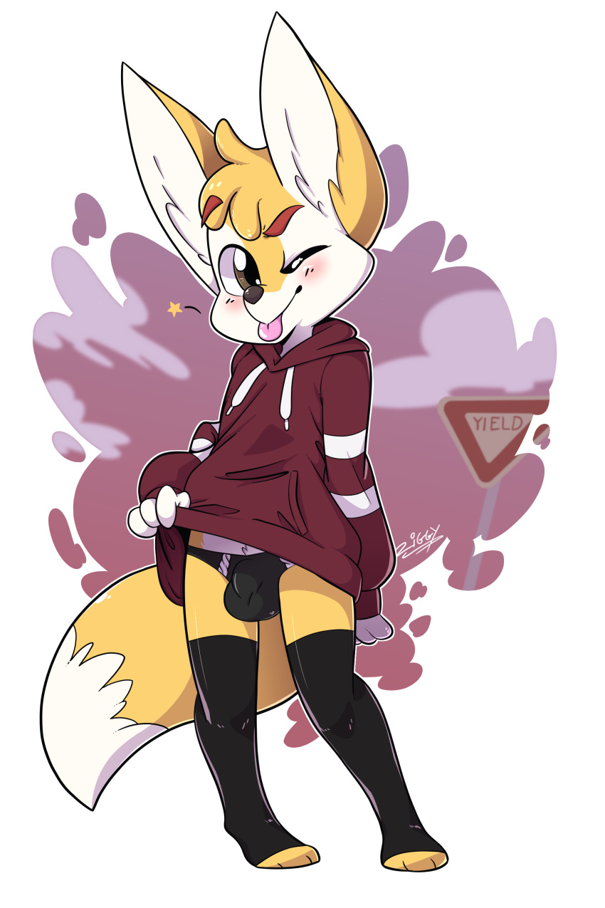 2018 absurd_res anthro balls blush bulge canine clothed clothing crossdressing digital_drawing_(artwork) digital_media_(artwork) english_text fennec fox fur girly hair hi_res legwear male mammal multicolored_fur one_eye_closed panties shirt simple_background smile solo standing stockings text thigh_highs tongue tongue_out two_tone_fur underwear white_fur wink ziggy_fox