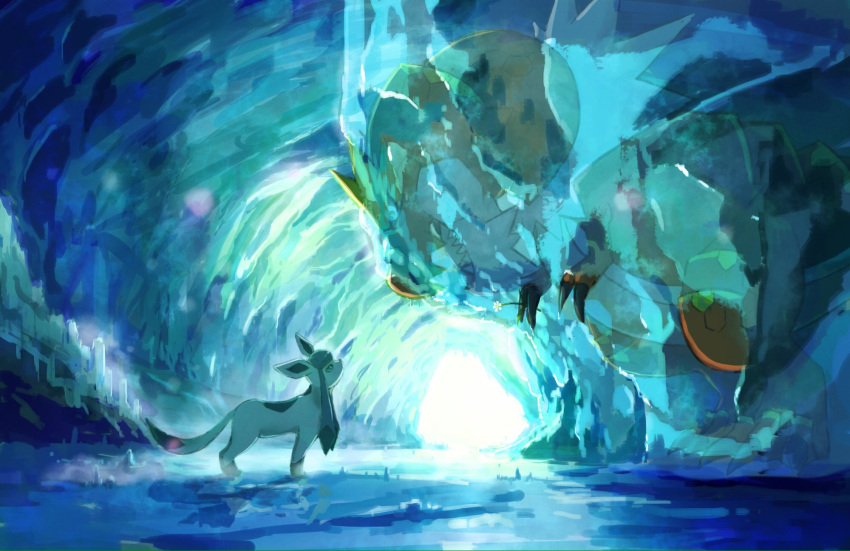 commentary_request day from_side frozen gen_4_pokemon gen_6_pokemon glaceon highres ice kamemaru looking_at_another looking_down looking_up no_humans pokemon pokemon_(creature) profile sharp_teeth standing teeth tyrantrum