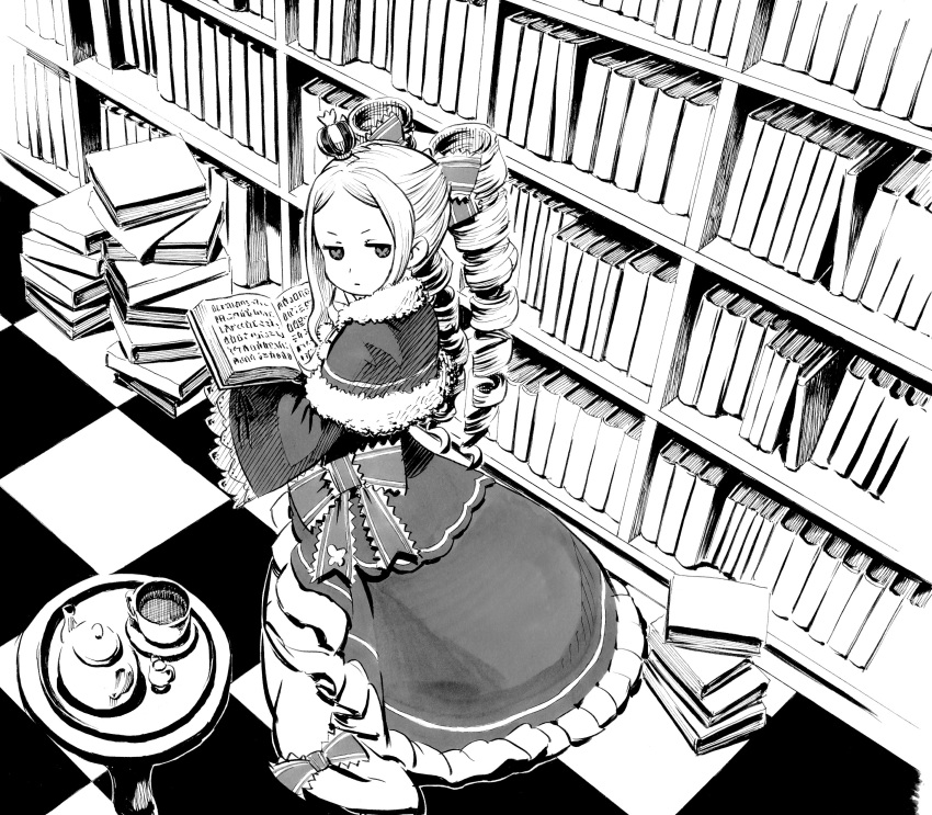 absurdres beatrice_(re:zero) book book_stack bookshelf bow crown cup dress drill_hair from_above greyscale hair_bow highres indoors long_hair looking_at_viewer looking_back mini_crown monochrome open_book re:zero_kara_hajimeru_isekai_seikatsu solo standing symbol-shaped_pupils table teacup teapot tile_floor tiles ume_(yume_uta_da) wide_sleeves