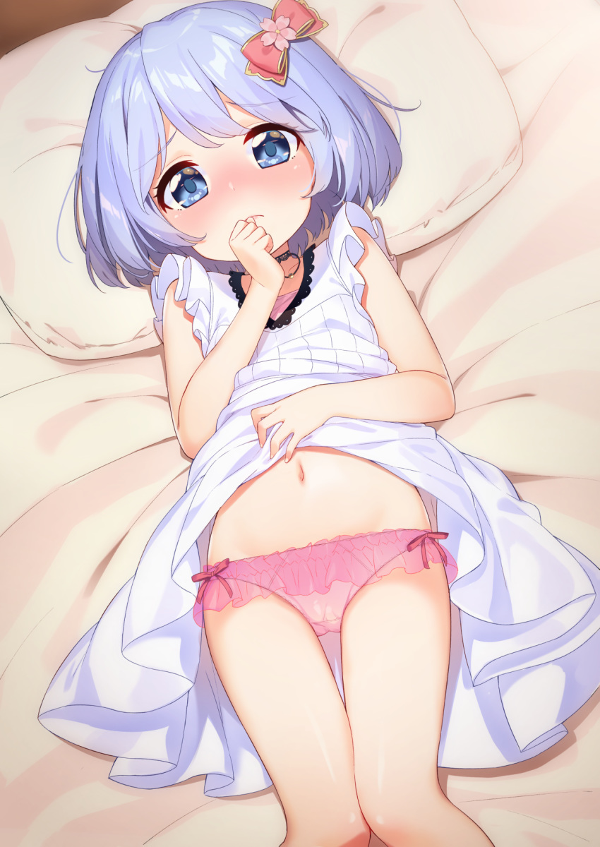bangs bed_sheet blue_eyes blush bow bow_panties cherry_blossoms closed_mouth collarbone commentary_request dress dress_lift eyebrows_visible_through_hair fingernails flower hair_bow hair_flower hair_ornament hand_up head_tilt highres lifted_by_self looking_at_viewer lying navel nose_blush on_back original panties pillow pink_flower pink_panties red_bow silver_hair sleeveless sleeveless_dress solo tofu1601 underwear white_dress