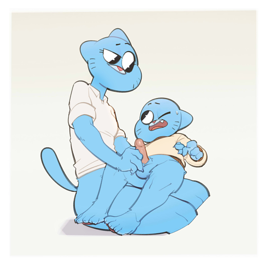 2018 4_fingers 4_toes anthro balls barefoot blue_fur bottomless breasts cartoon_network cat clothed clothing digital_media_(artwork) duo erection fangs feline female fur gumball_watterson handjob holding_character incest junyois lying male male/female mammal mature_female mother mother_and_son nicole_watterson on_back one_eye_closed open_mouth parent penis sex simple_background sitting smile son the_amazing_world_of_gumball toes whiskers white_background young