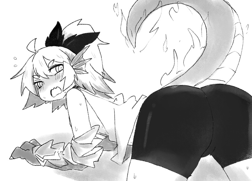 ahoge ass bent_over bike_shorts blush bow claws embarrassed fang fiery_tail flying_sweatdrops from_behind greyscale hair_bow head_fins highres latenight lizard_girl lizard_tail long_hair looking_at_viewer looking_back monochrome monster_girl monster_girl_encyclopedia open_mouth ponytail salamander_(monster_girl_encyclopedia) simple_background solo sweat tail white_background