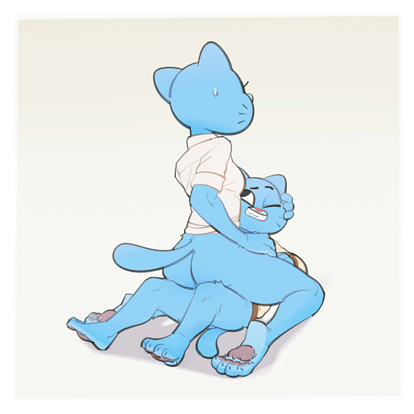 2018 4_fingers 4_toes anthro barefoot blue_fur breasts cartoon_network cat cowgirl_position digital_media_(artwork) duo feline female female_on_top fur grin gumball_watterson holding_character incest junyois lying male male/female mammal mature_female mother mother_and_son nicole_watterson on_back on_top one_eye_closed parent rear_view sex simple_background size_difference smile son sweat the_amazing_world_of_gumball toes vaginal whiskers white_background young